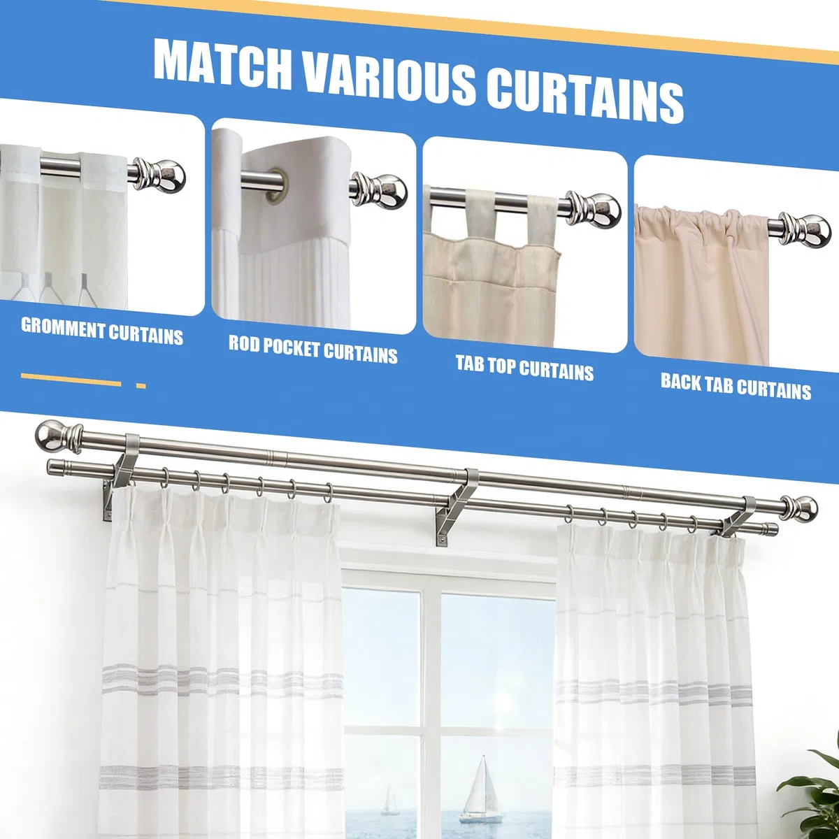 Aste per Tende Doppie, Aste Doppie per Finestre da 2,5 cm Robuste 76-218 cm Aste per Tende Regolabili per Porta Scorrevole in Vetro, Patio, Camera da Letto, Argento