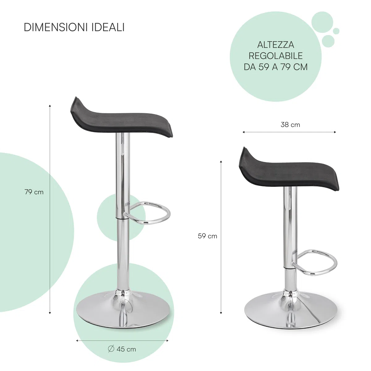 Baroni Home Sgabello Bar Girevole con Altezza Regolabile, Base Cromata con Poggiapiedi e Fondo Antigraffio, Sgabello Cucina, Ristorante, Penisola, Facile da Montare, 38x45x59-79 cm Nero, 1 Pezzo