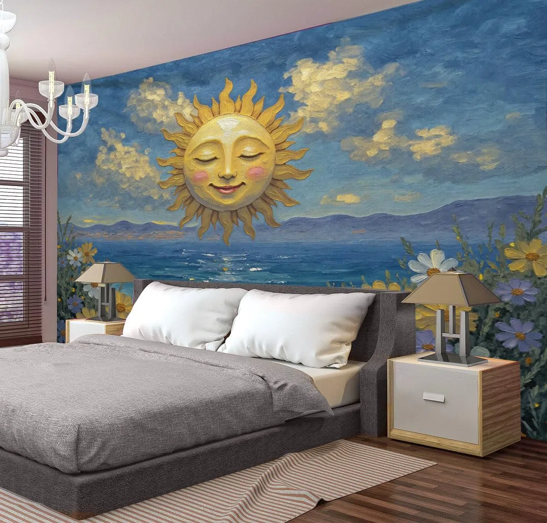 Arazzo Paesaggio Marino,da appendere alla parete,Arazzo Dipinto Olio Raffigurante Un Sole Sorridente Una Spiaggia Fiori da Parete per Dormitorio,Camera da Letto e Soggiorno,230x180cm,giallo verde
