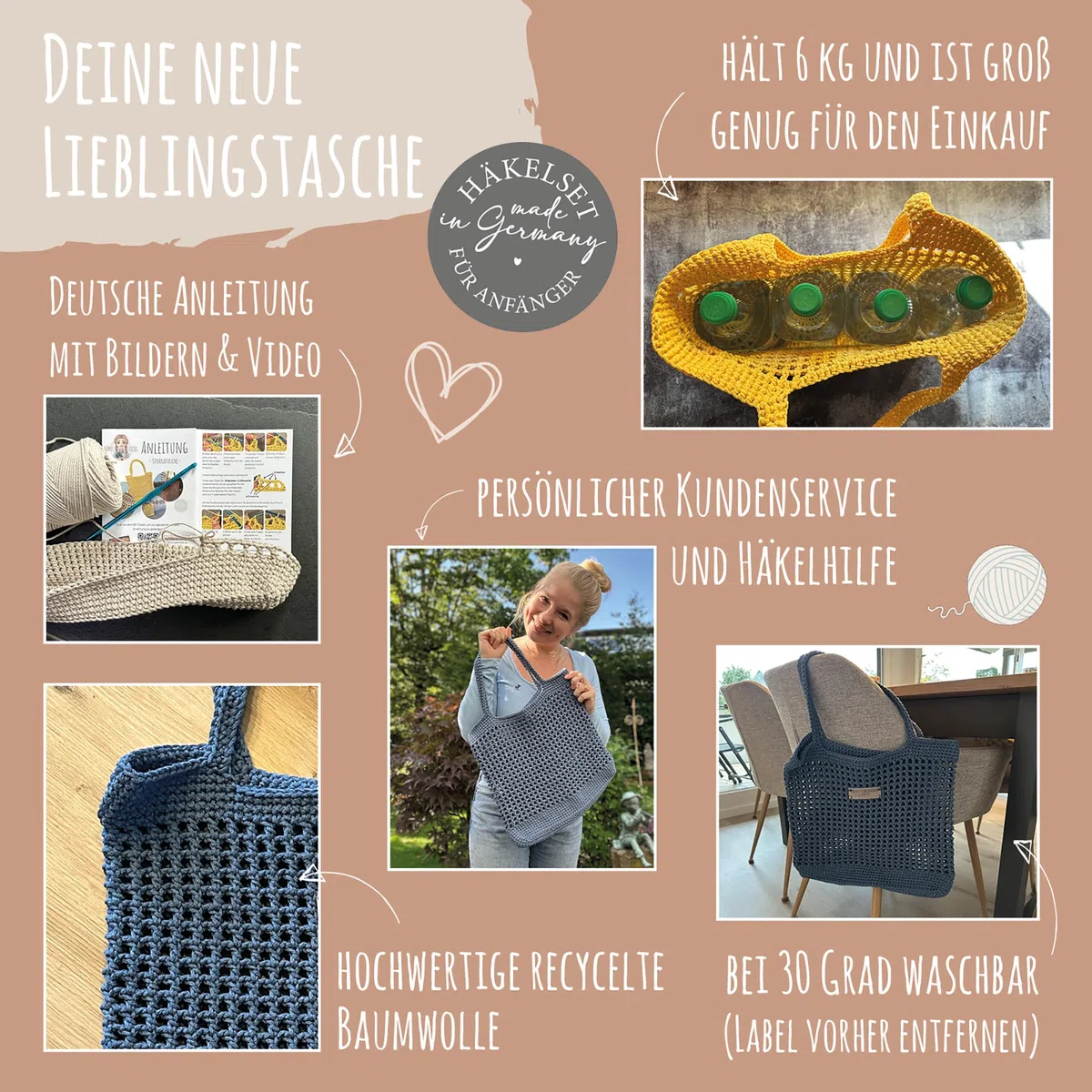 HÄKEL LIESE Set all'uncinetto per principianti, borsa da spiaggia da donna, set per principianti, adulti, uncinetto, borsa all'uncinetto, set fai da te per adulti, borsa all'uncinetto (blu)