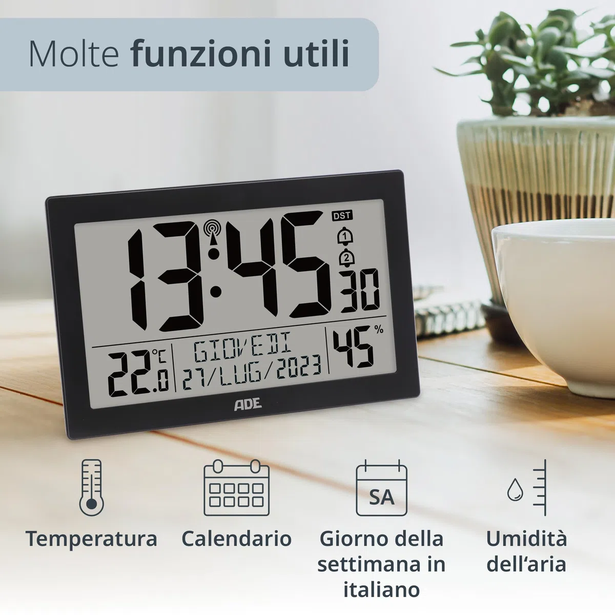 ADE Orologio digitale da tavolo o parete radiocontrollato | display XL | sveglia da comodino grande moderna | grandi numeri | con termometro e igrometro | perfetto per la cucina | nero