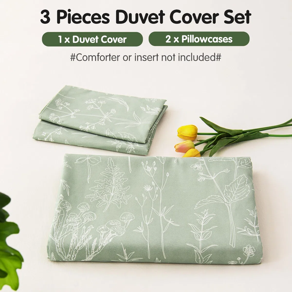 Tokokimo Set Copripiumino Matrimoniale 240x220 cm 100% Microfibra Stile Rami e Foglie Dipinti a Mano, Copripiumone Morbido e Resistente Alle Rughe, 1 copripiumini + 2 Federa 50x80, Verde Salvia