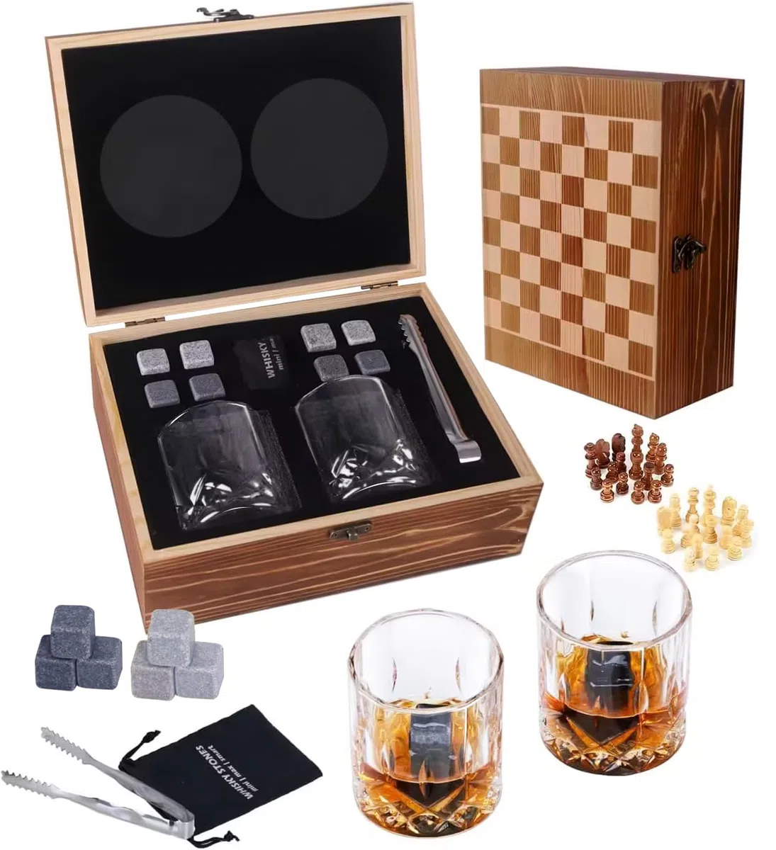 Whisky Glass Gift Set,Whisky Stones,Whisky Bicchieri Set di 2,Set di accessori da Cocktail Regalo per papà, Marito, Uomini (Style 01)
