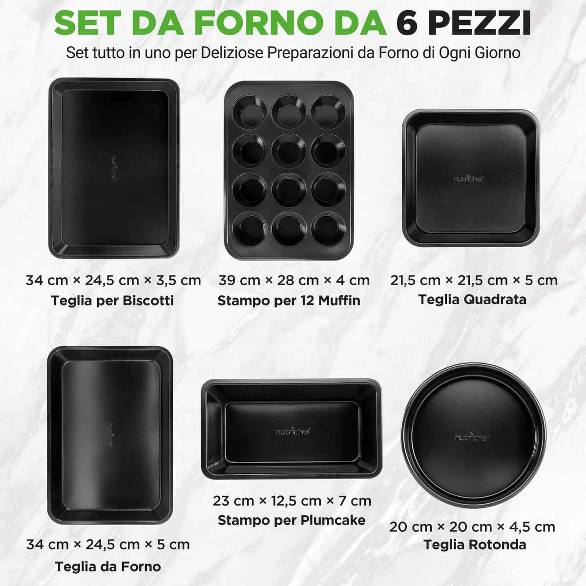 NutriChef Set di 6 Teglie da Forno Antiaderenti in Acciaio al Carbonio, Teglie Forno per Biscotti, Muffin, Torte e Pane, Resistenti ai Graffi, Lavabili in Lavastoviglie, Nero