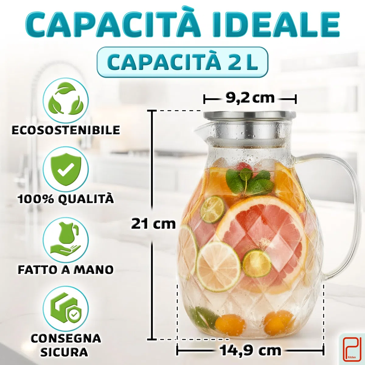 Brocca in vetro borosilicato di alta qualità con coperchio e beccuccio - 2litri, vetro borosilicato con manico - Caraffa per bevande calde/fredde - Brocca per l'acqua - Brocca per tè freddo