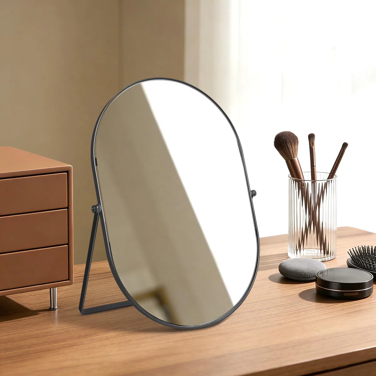 TSKDKIT Specchio cosmetico, Specchio da trucco ovale con cornice in metallo nero cromato, 31L cm x 22.5W cm Specchio da tavolo portatile per tavolo, bagno, comò, soggiorno, camera da letto, ufficio