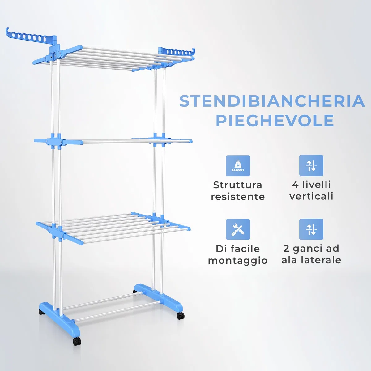 JUPPLIES Stendino Verticale Pieghevole 4 Livelli – Stendibiancheria a Torre Salvaspazio | 4 Ruote Anti-Graffio | Acciaio Inox | Senza Attrezzi | Stendino Verticale Grande Interno Ecologico