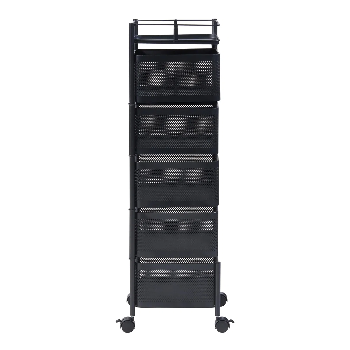 [en.casa] Carrello da Stoccaggio Organizzatore con 5 Cestelli Girevoli e Piano con Barra Anticaduta Mobile Multiuso in Acciaio a 4 Rotelle per Cucina Ufficio Bagno - Nero