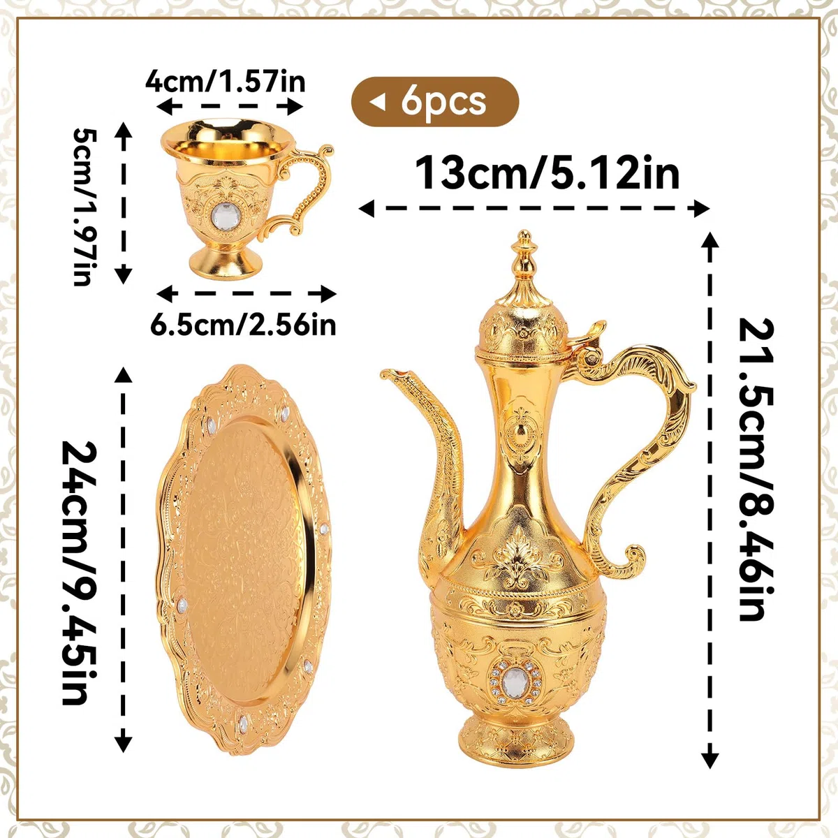 Set da Tè Turco con Teiera E Vassoio, Set di Tazze da Caffè Vintage Set da Caffè Turco con Piattino in Metallo Set da Tè Per Adulti(Oro)