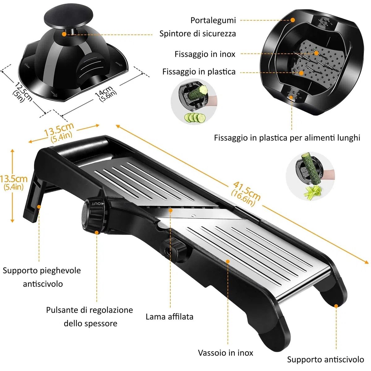 MASTERTOP Mandolina Cucina Regolabile in Inox, Mandoline Affettatrice Professionale con Lama Affilata Integrata, Mandolina Giapponese con Diversi Spessori per Affettare, Julienne e Cialdare