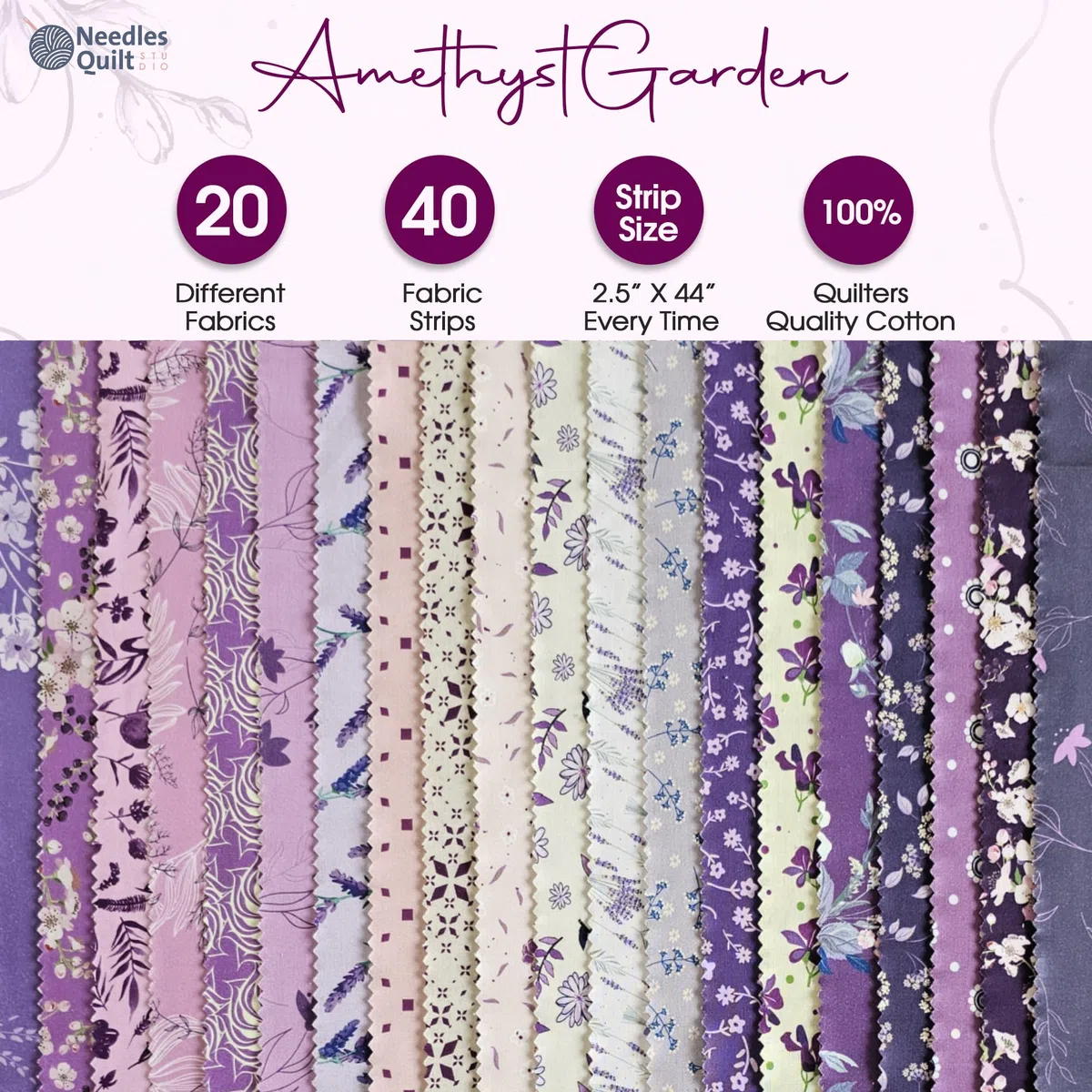Jelly Roll Fabrics for Quilting Clearance 40 Strip 2.5" x 44" | Cotton Strips Bundles – Perfect Quilting Fabric for Sewing, Precut Quilt Projects, and DIY Crafts (Amethyst Garden)