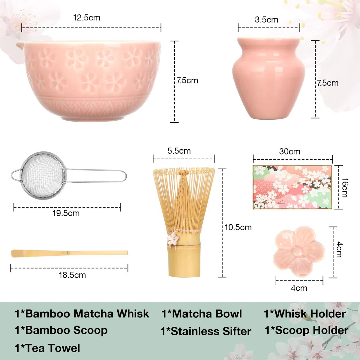VINATO Matcha Set 7 Pezzi Kit Accessori Cerimonia del Tè, Matcha Polvere Kit con Ciotola Chawan in Ceramica con Beccuccio, Frusta in Bambù, Canovaccio per Gli Amanti Della Cerimonia del Tè, Rosa