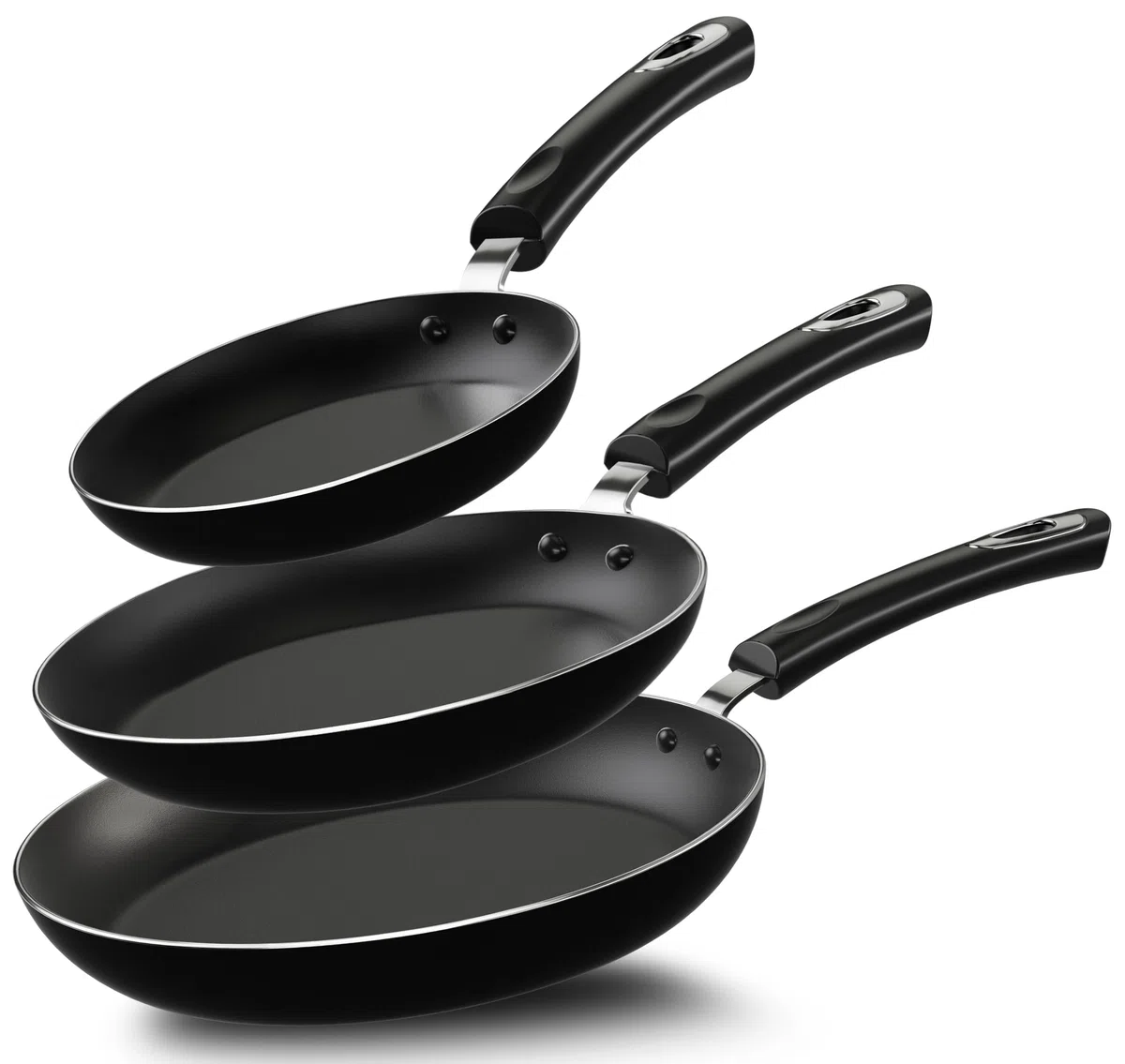 KICHLY Set Padelle antiaderenti in alluminio – set padella 3 pezzi induzione fondo, 20cm, 24cm e 28cm, nero