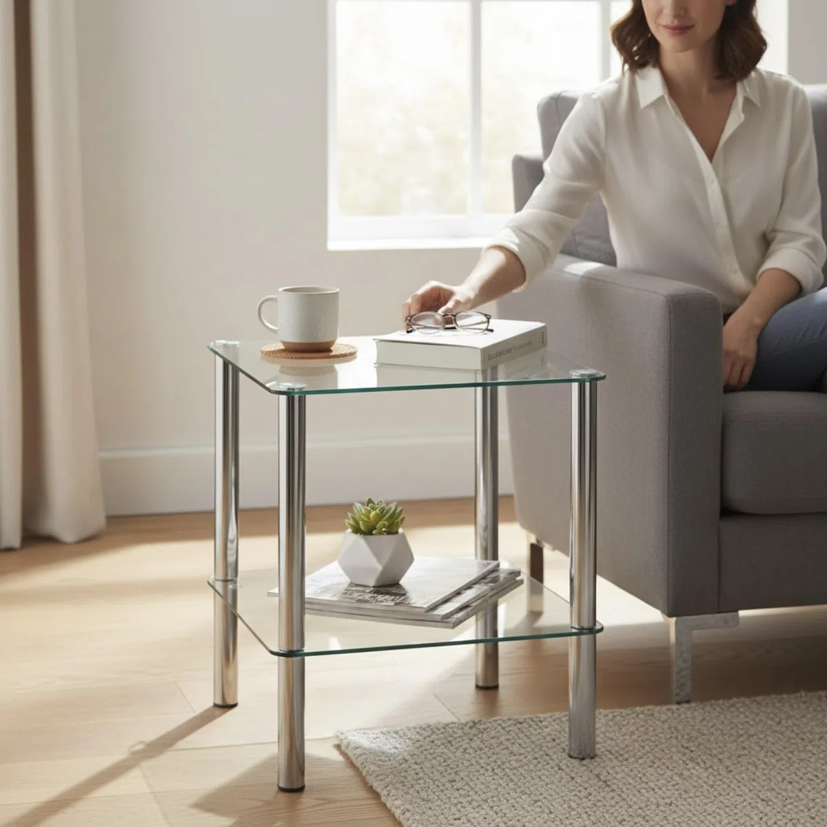HAKU Tavolino quadrato in metallo cromato Tavolino da divano con piano in vetro di sicurezza - Dimensioni: L 39 cm x A 47 cm x P 39 cm, Stile: Moderno