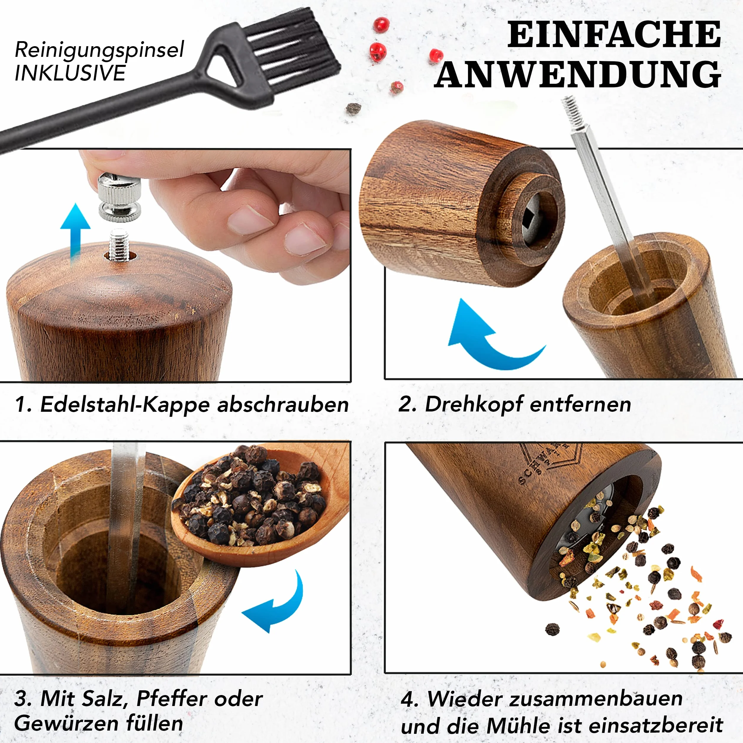 Macinasale e macinapepe in legno con meccanismo in ceramica + pennello per la pulizia gratis - Set saliera e pepiera ricaricabili, Legno, marrone
