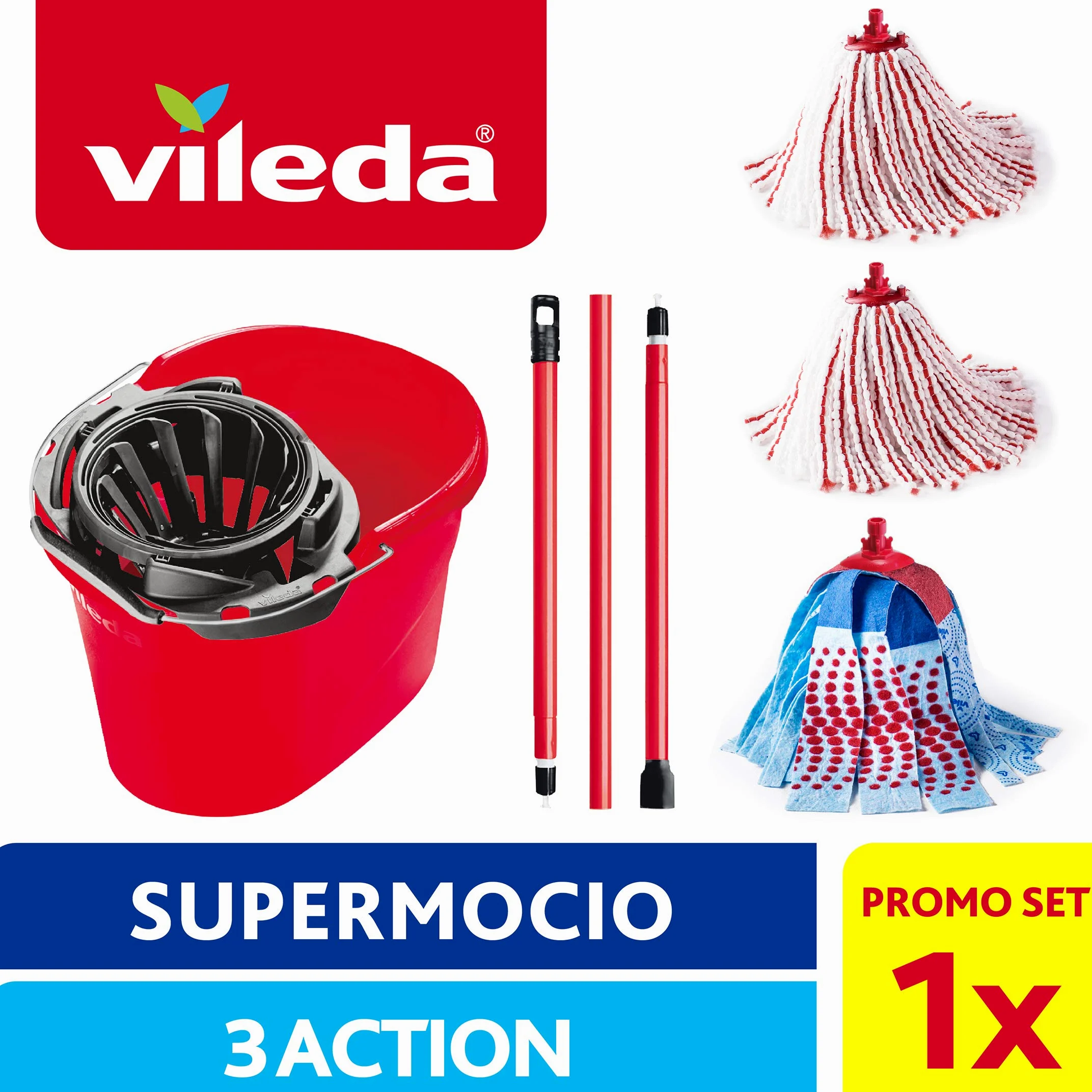 Vileda SuperMocio Box, Sistema Lavapavimenti, Set con Strizzatore, 2 Fiocchi Microfibra & Power, 1 Fiocco 3Action, Manico 3 Pezzi, ‎Rosso