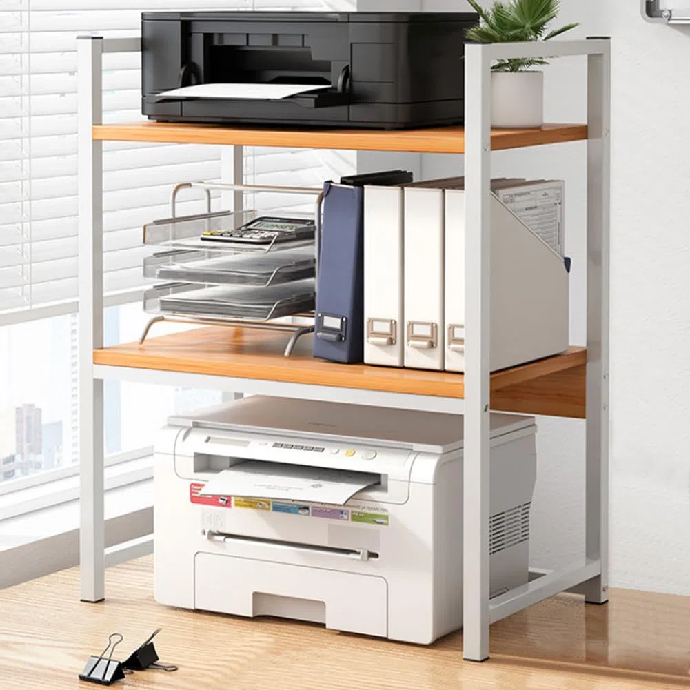 BAKAJI Scaffalatura Porta Stampante Salvaspazio in Acciaio e Legno, Mensola a 2 Ripiani con Piedini Anti Scivolo per Stampanti, Unità di Mensole Supporto da Ufficio Design Industrial (Beige + Bianco)