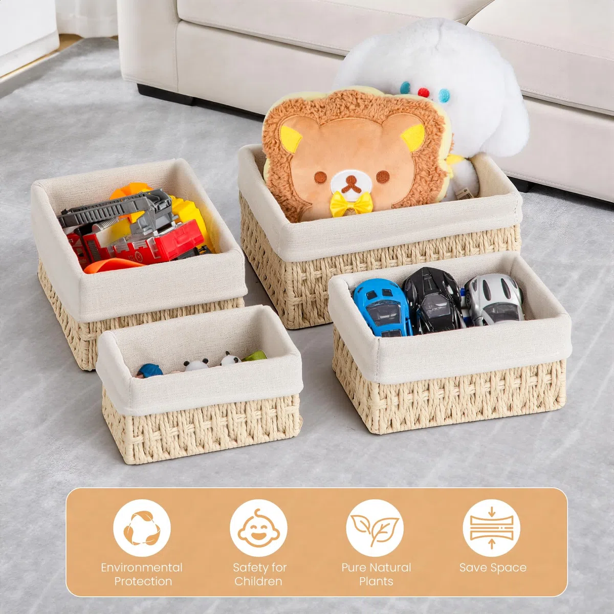 Set di 4 Cestini Portaoggetti in Corda di Carta, Cesto Vimini Intrecciato a Mano per Bagno, Camera dei Bambini, Cucina e Soggiorno - Ideale per Giocattoli, Cosmetici e Organizzazione(Beige)