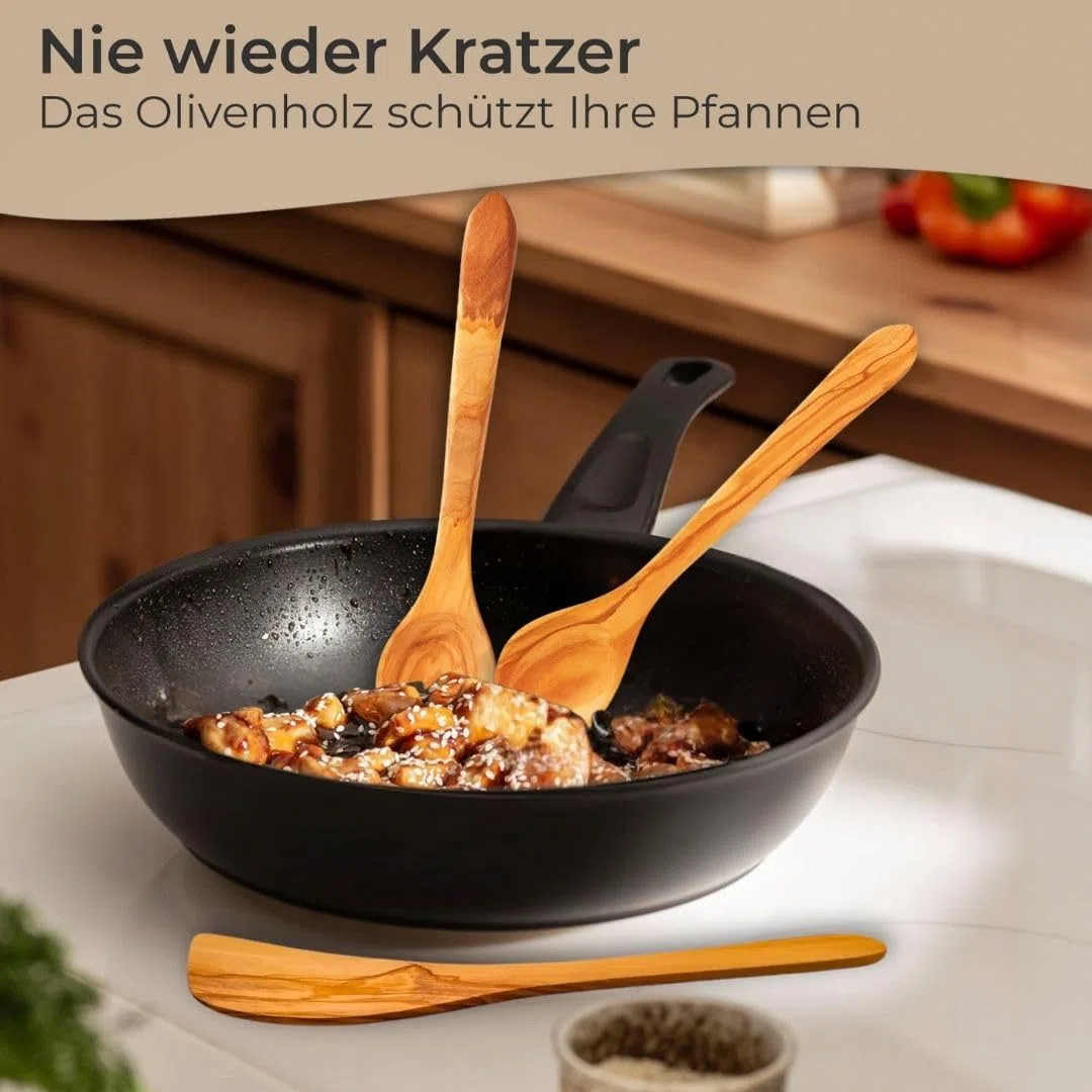 Utensile da cucina in legno d'ulivo, set di cucchiai da insalata, cucchiaio da miele, macinasale o pepe (set da 5 pezzi)