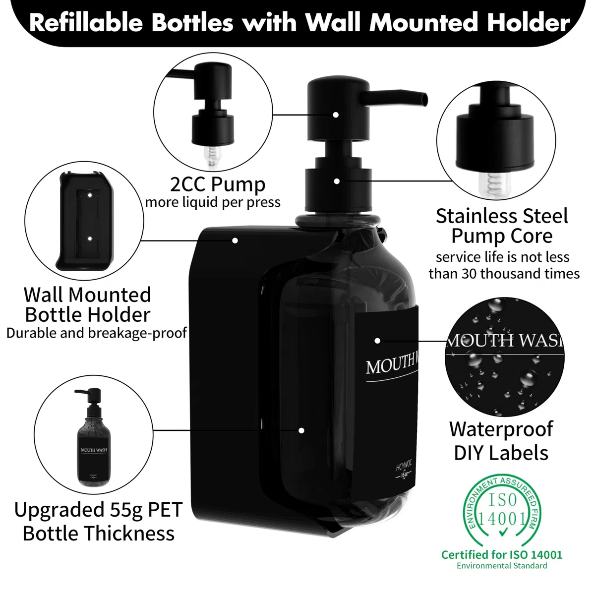 Dispenser per shampoo e balsamo, dispenser di sapone da doccia con 16 etichette impermeabili, dispenser per shampoo per parete doccia, dispenser per doccia a 3 camere senza trapano, 500 ml,