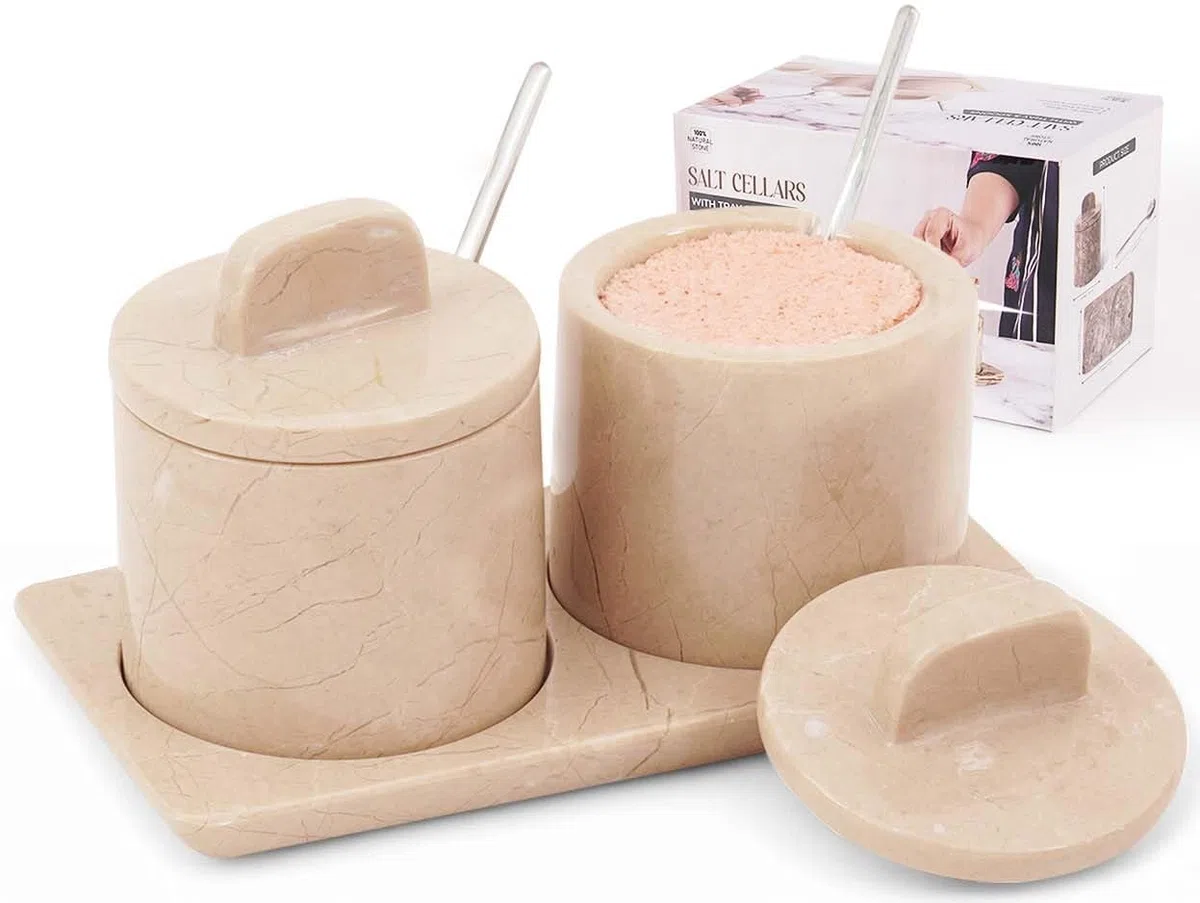 SPESHSTONES Portasale in Marmo Beige da 10,2 cm Barattolo per Sale con Coperchio, Contenitori per Sale da Tavola per Piano di Lavoro, Piatto per Sale, Portasale, Barattoli per Spezie, Zuccheriera, Set