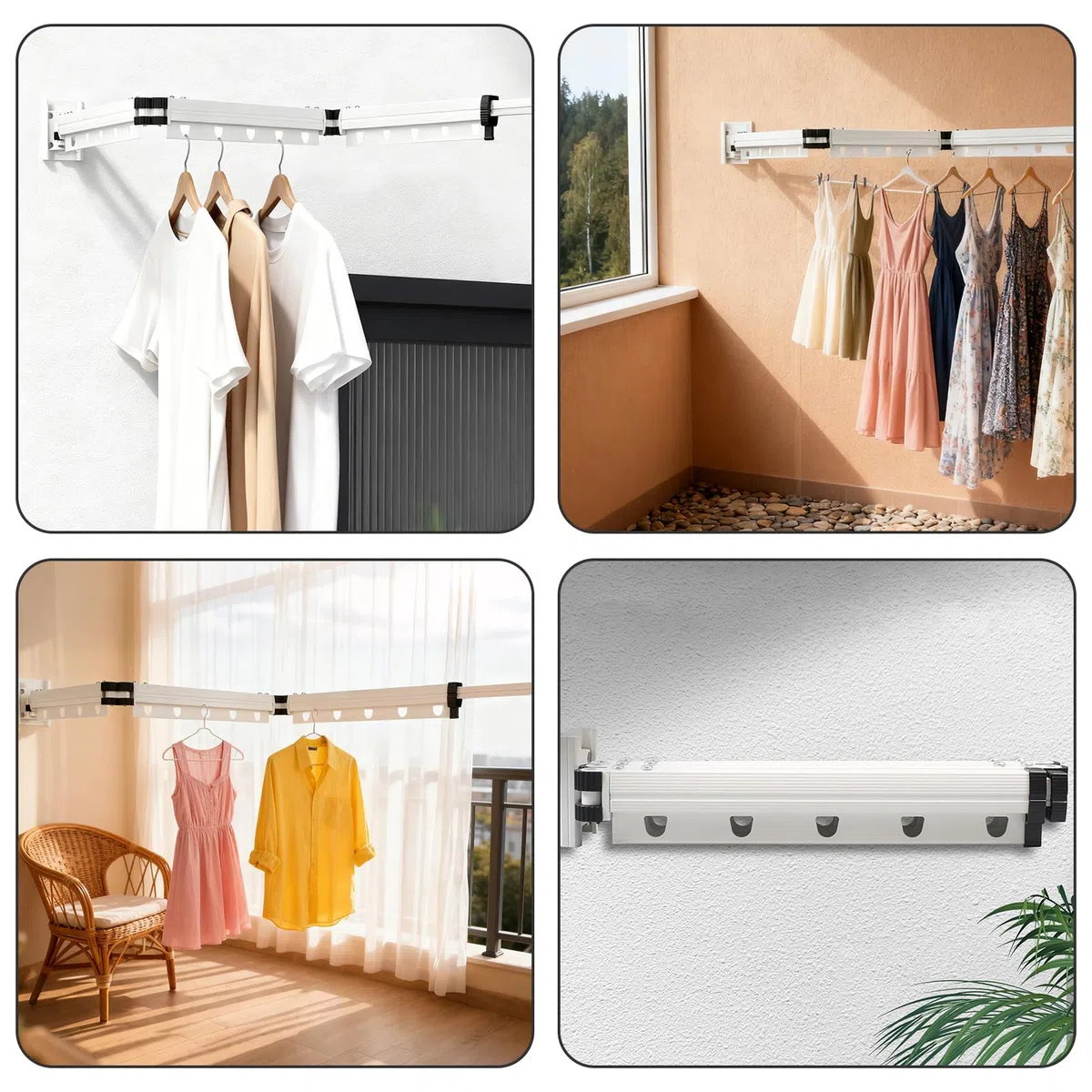 Longzhuo Stendibiancheria da parete pieghevole in 3 pezzi, 125 cm stendibiancheria retrattile interno, asta per vestiti estensibile poco per balcone, lavanderia, bagno, roulotte all'aperto (grigio)