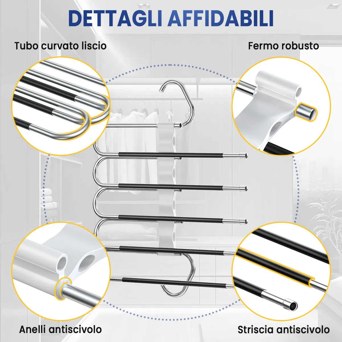 DAMITA Grucce Pantaloni Salvaspazio Appendiabiti Porta Pantaloni 4 Pezzo 5 in 1 Bianco per Armadio Appendini Multifunzionali Nessuna Installazione Adatto per Donne e Uomini Jeans Sciarpe Vestiti