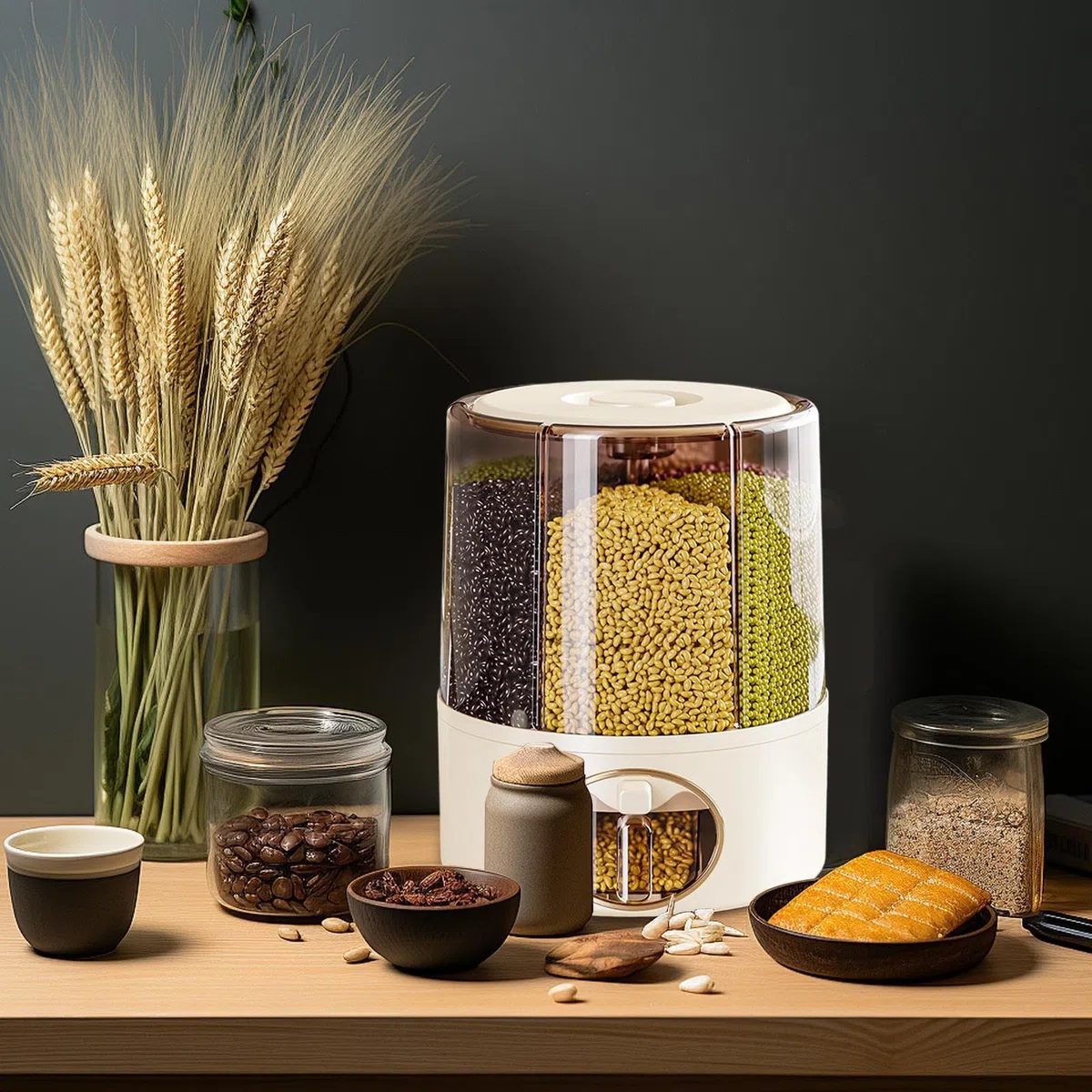 Contenitore per riso, contenitore per alimenti secchi, barile rotante ermetico con scomparti per cereali, fagioli, avena, semi, dolcetti, anti-moscerino, anti-umidità, per dispensa, cucina