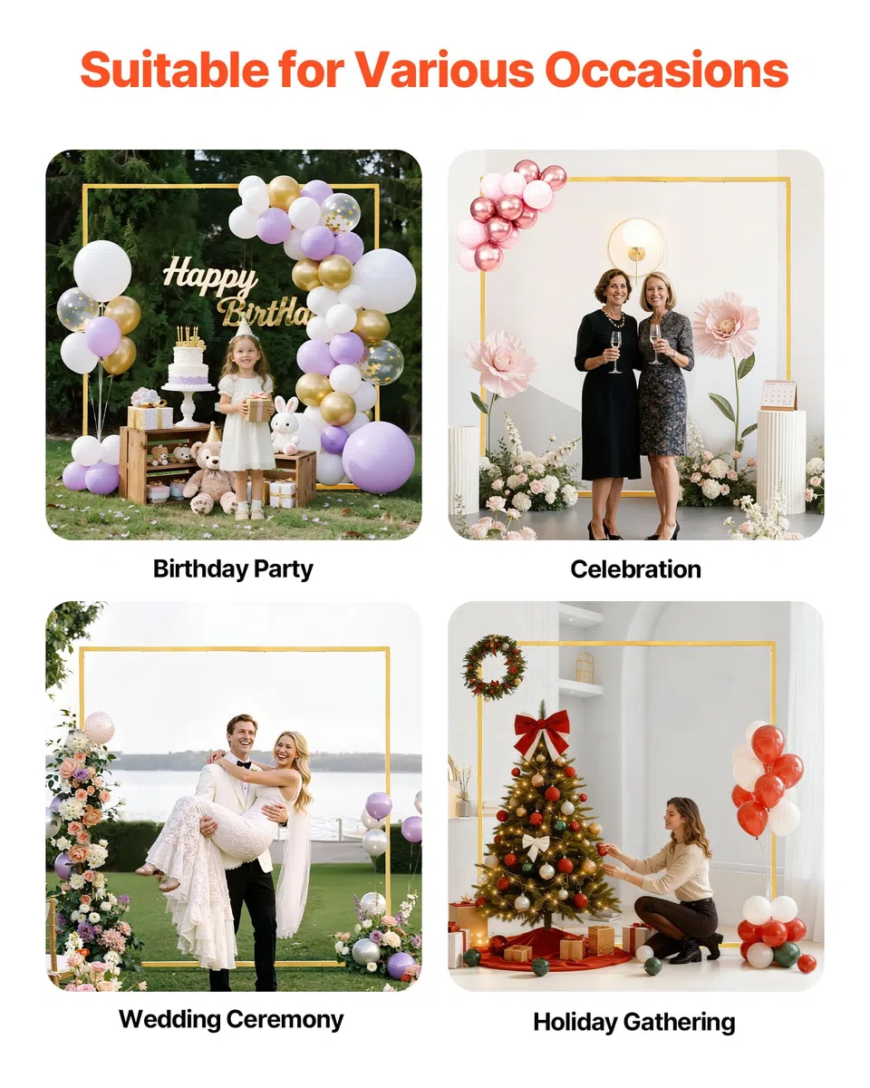 VEVOR Supporto per Fondale ad Arco 2 x 2 m, Struttura Stabile, Facile da Montare, Set di Fondali ad Arco per Feste Quadrato in Metallo Dorato per Compleanno, Lauree, Decorazioni per Cerimonie