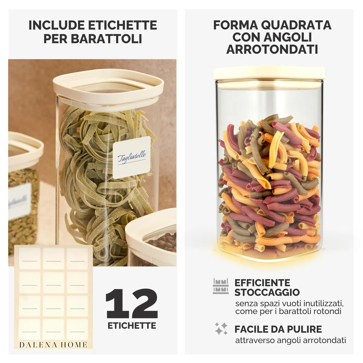 Set di 4 Barattoli di Vetro con Coperchio robusto Vetro Borosilicato + Etichette (4x 1500ml) Contenitore Ermetico per Alimenti - Contenitori per Pasta
