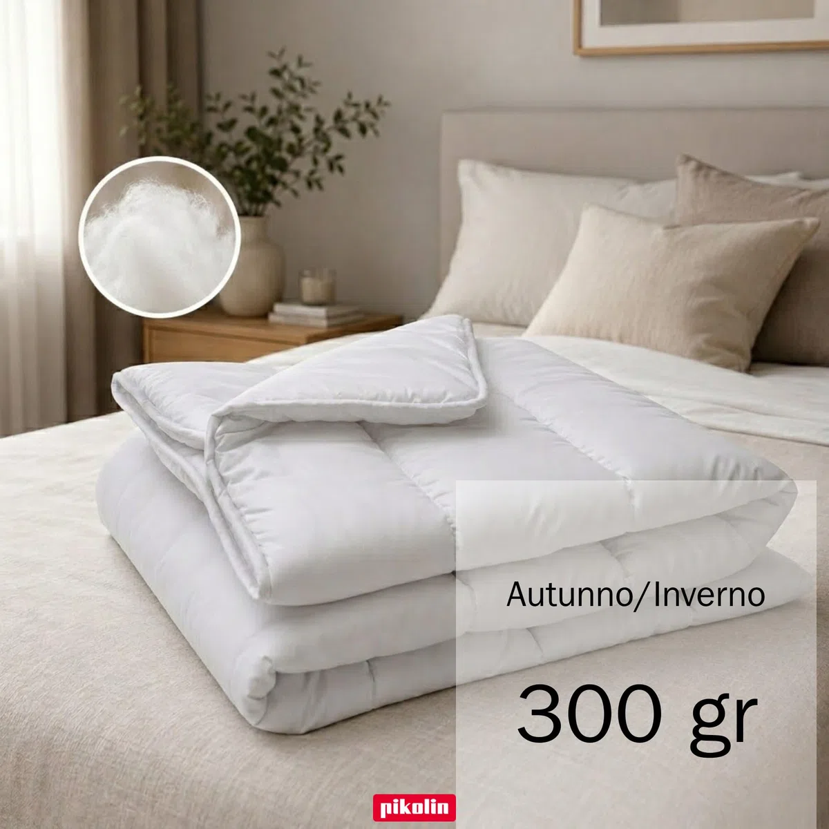 PIKOLIN Piumino Matrimoniale Autunno Inverno 220 x 220 cm Fibra Ecolofil Effetto Piuma 300gr Certificato Oeko-Tex - Piumone Traspirante, Anallergico e Lavabile