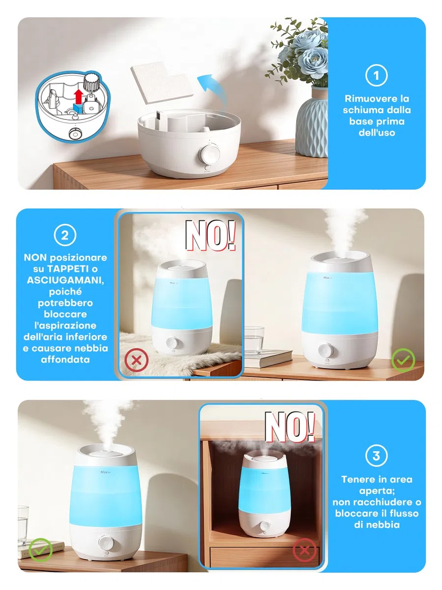 AROEVE Umidificatore Ambiente, 2,5L Umidificatore, 250 ml/h, 25H Diffusore di Oli Essenziali, Spegnimento Automatico, 25 dB Silenzioso per Neonati e Piante, Bianco