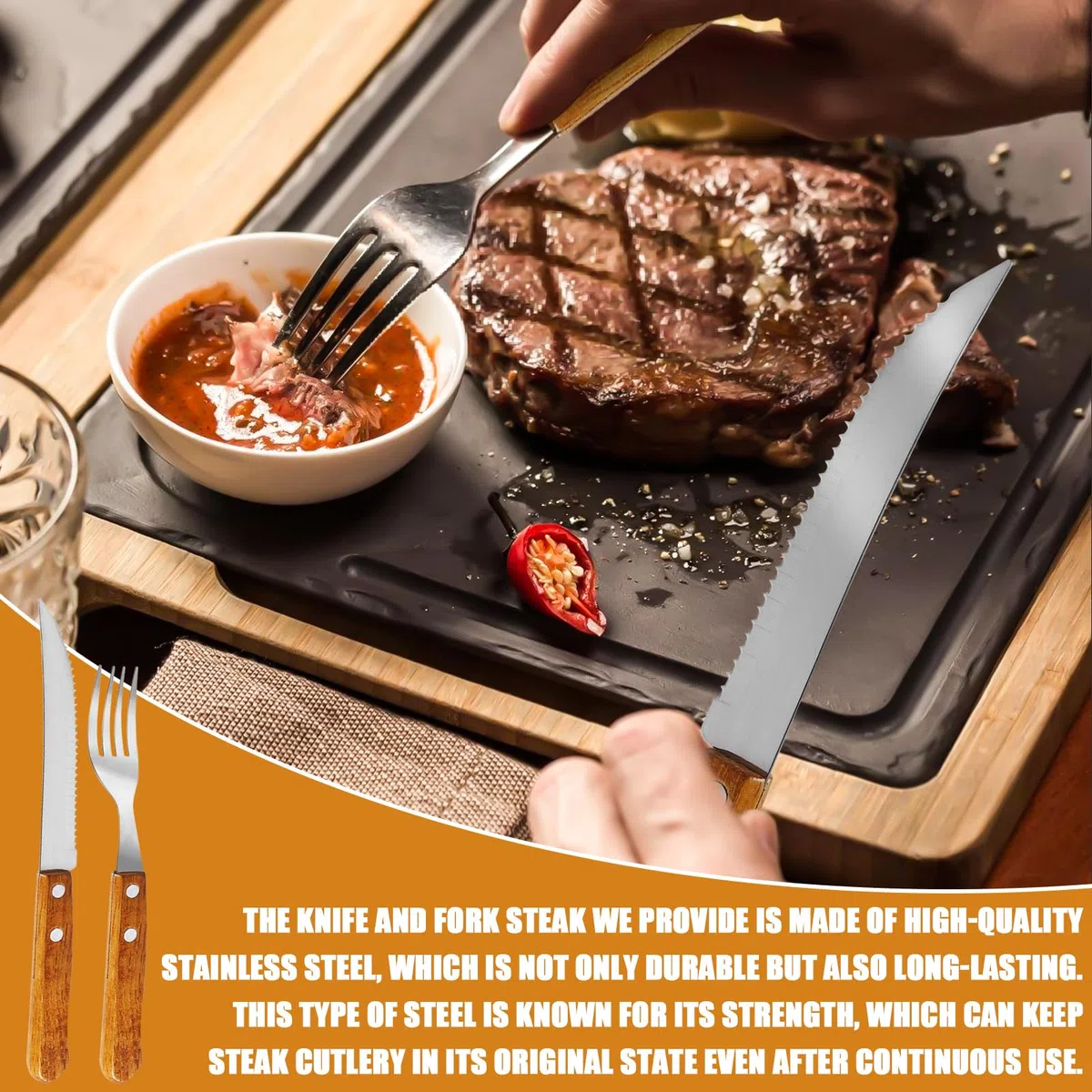 Set di 30 posate da bistecca, in acciaio, con 15 coltelli da bistecca e 15 forchette, posate da bistecca per 15 persone, coltello da bistecca, non lavabile in lavastoviglie (marrone)