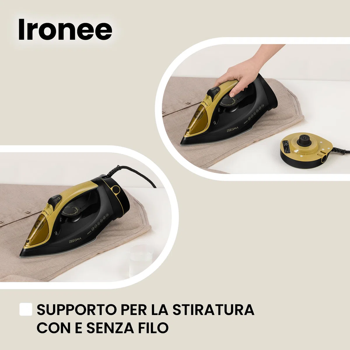 ZEEGMA IRONEE Ferro da stiro senza fili e con fili, Con rivestimento in ceramica 2600W, Stiratura orizzontale e verticale Serbatoio 320ml autopulente Antigoccia e anticalcare Stiratura