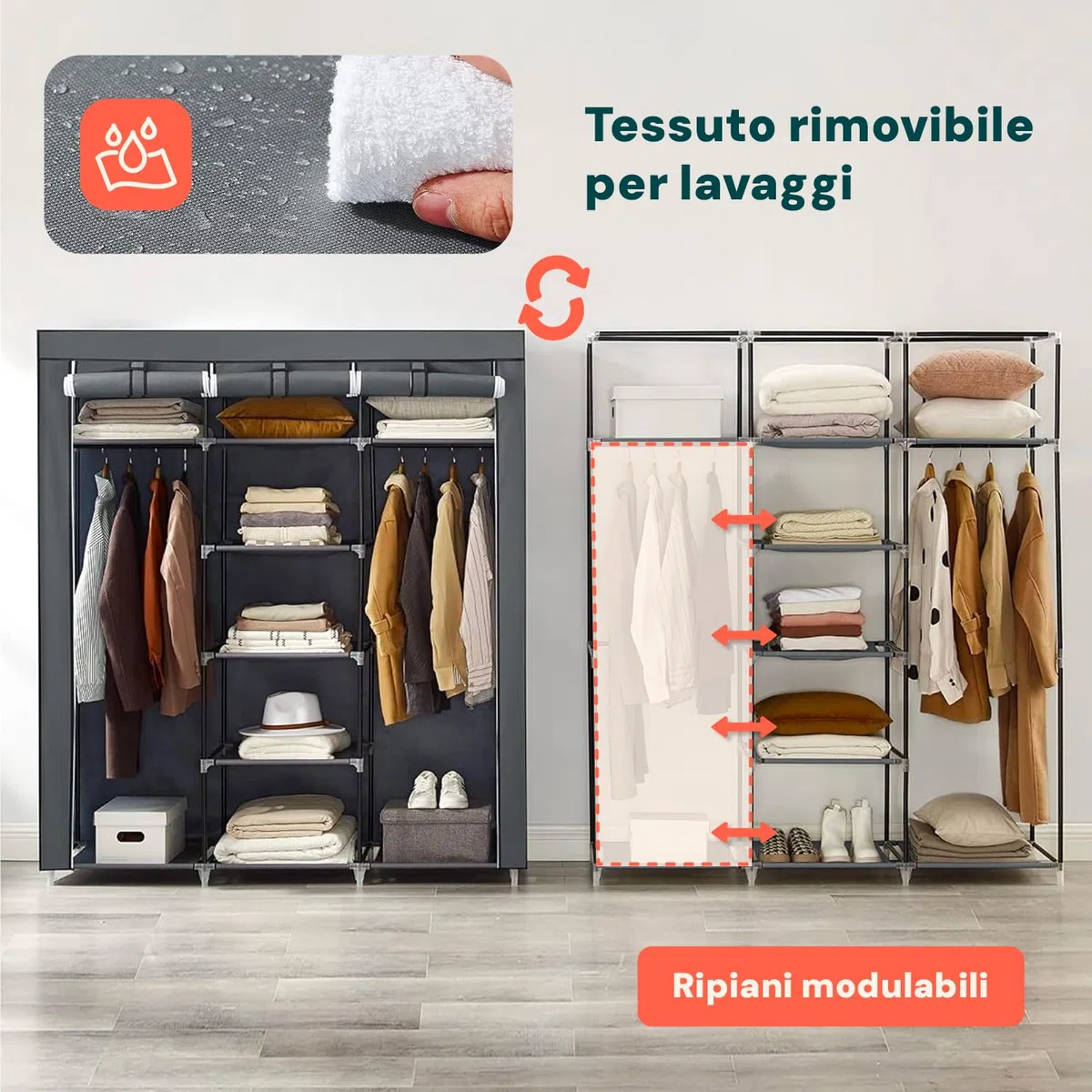 Avilia Armadio in Tessuto con Telo Zip – Guardaroba Salvaspazio con 9 Ripiani, 150x45x175 cm – Armadio Portaoggetti per Camera, Bagno o Soggiorno – Facile da Montare, 5 kg a Ripiano