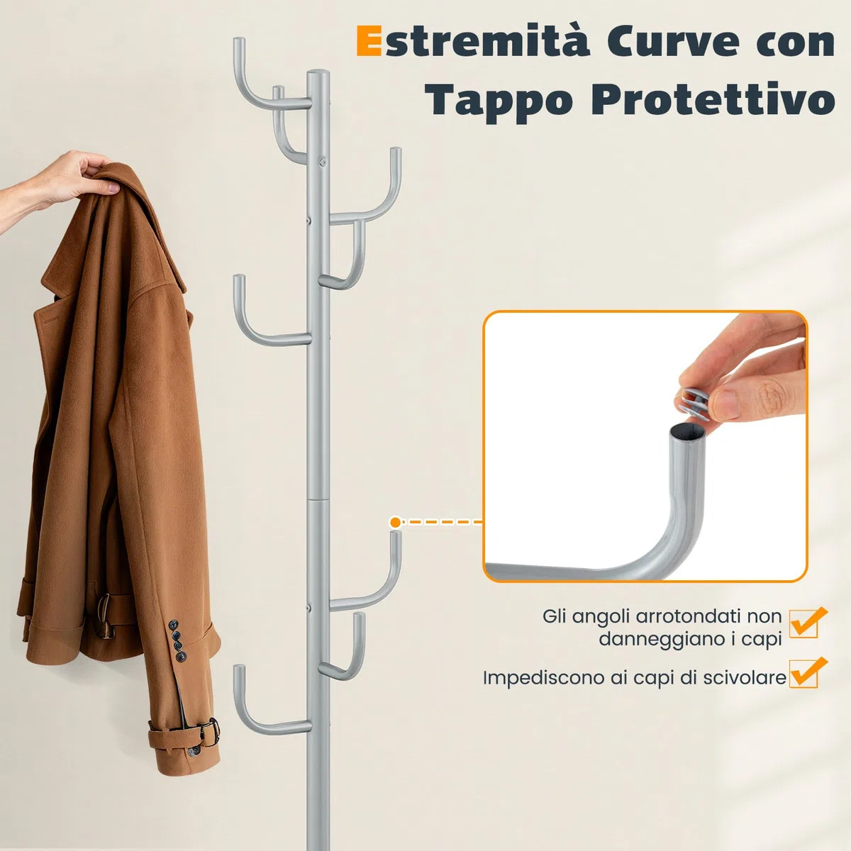 COSTWAY Appendiabiti 175 cm, Attaccapanni da Terra con 8 Ganci, Base Ponderata, Appendiabiti in Metallo Robusto con 2 Opzioni di Altezza per Ingresso Ufficio Camera da Letto