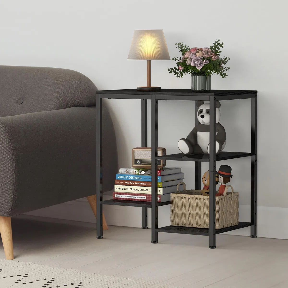 smusei Scaffalatura multifunzione a 4 livelli, regolabile, per forno, microonde, stampante, in legno con ripiani sfalsati, 67 x 40 x 59 cm, colore nero