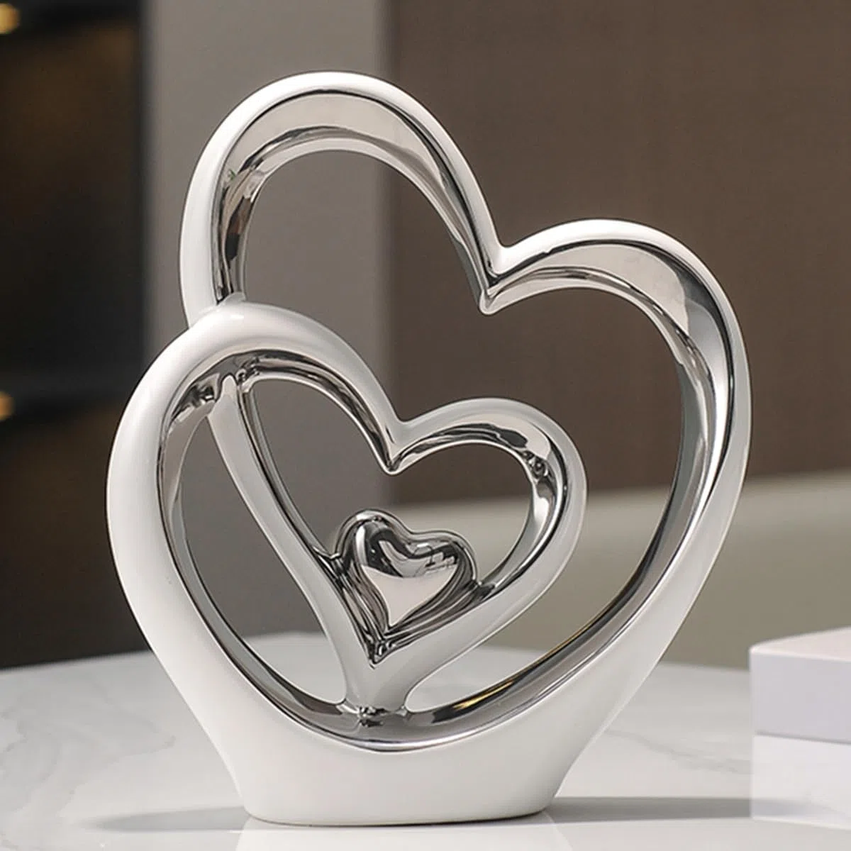 Statua in ceramica a doppio cuore,Elegante cuore per la decorazione,scultura decorativa per la casa,soggiorno,decorazione dell'ufficio,adatta come regalo.