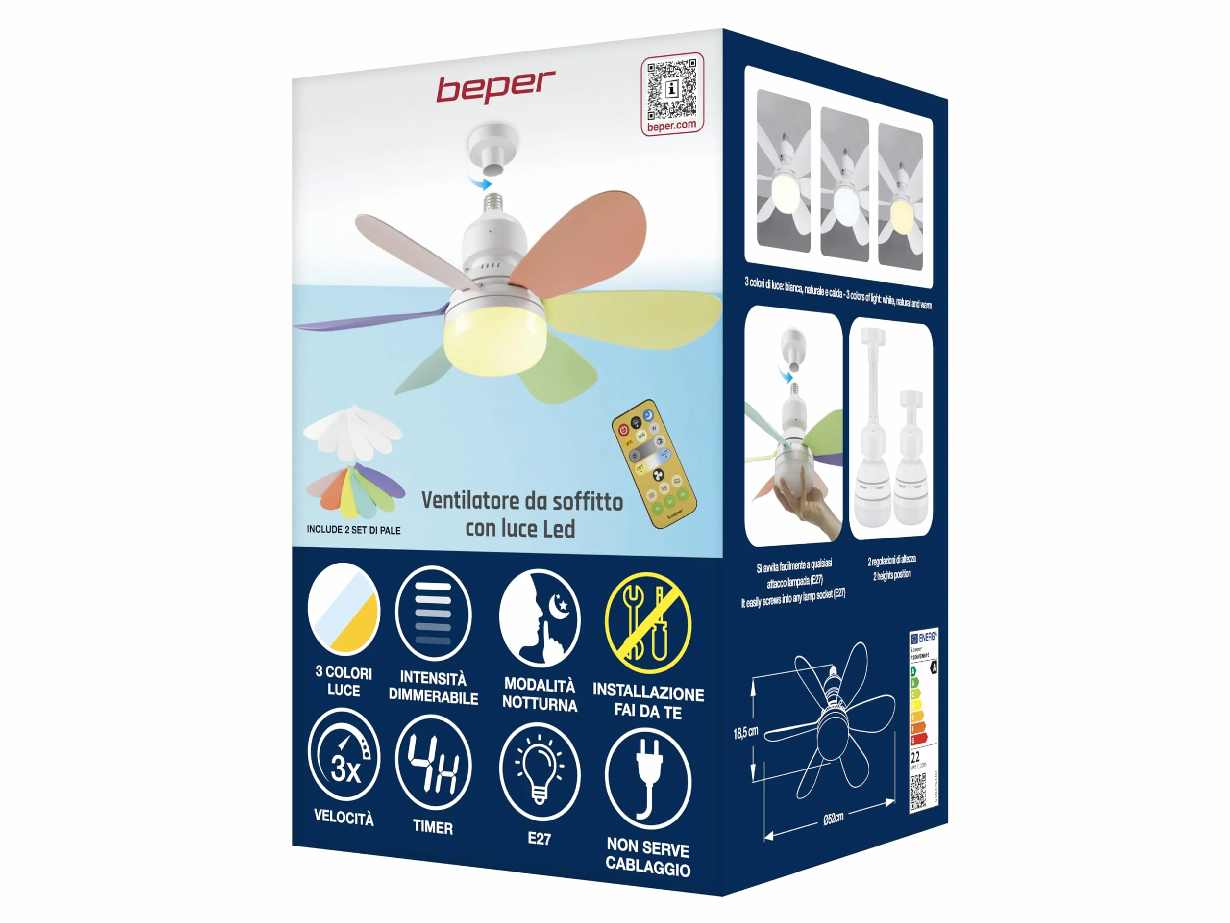 BEPER P206VEN610 Ventilatore da Soffitto, 40W, Illuminazione e Ventilazione con Design Intercambiabile, 2 Set di Pale, 3 Velocità, Telecomando e Lampada a Risparmio Energetico