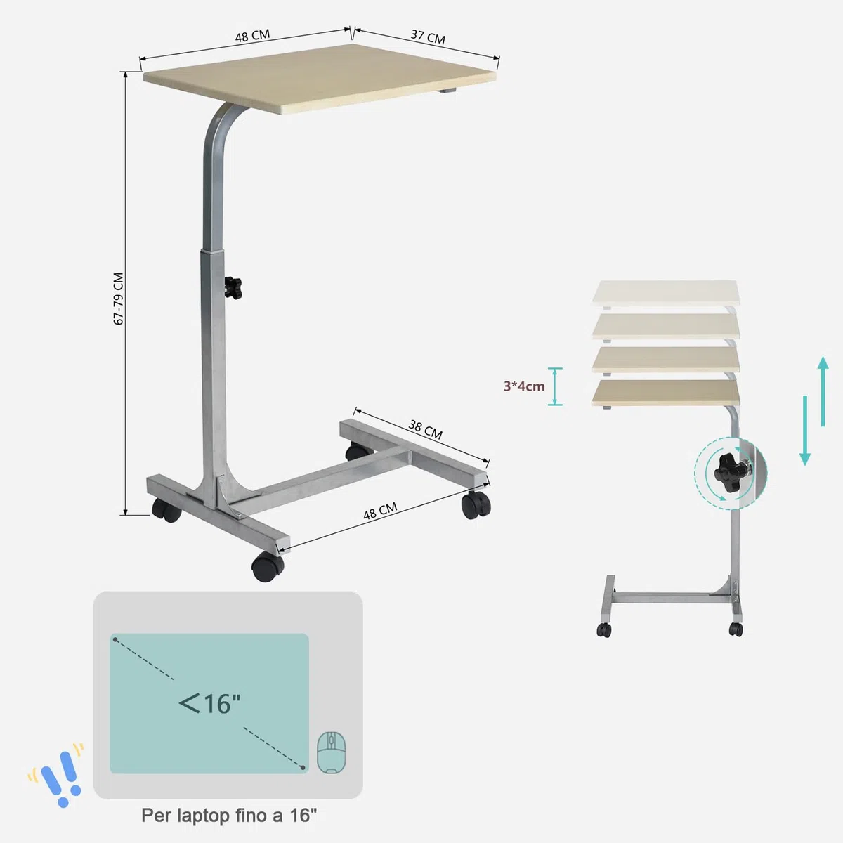 MEUBLE COSY Tavolino da Letto con 4 Ruote Comodino Altezza Regolabile Tavolo da Caffè Carrello in Legno Metallo per Soggiorno Camera da Letto Ufficio, Quercia