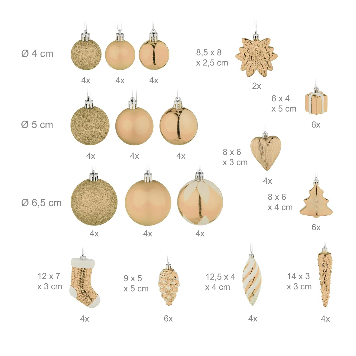 Relaxdays Palline di Natale, 72 Palle Natalizie Opache, Lucide, Glitterate, Pigne, Cuori, Regali, Plastica, Champagne