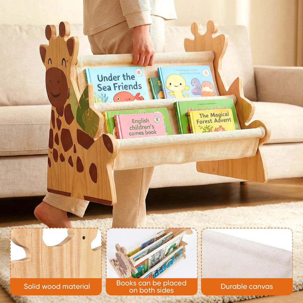 Libreria per Bambini in Legno, Scaffale Porta Libri Doppia Faccia con Tasche in Tela, Stile Montessori Portatile con Maniglia, Organizzatore Giochi in Legno per Cameretta