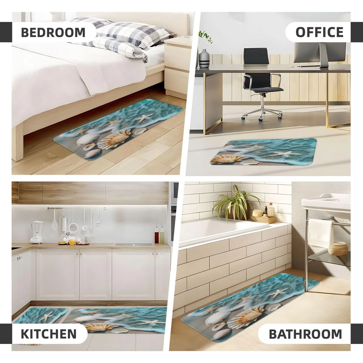 Set di 2 tappeti da cucina con stampa di stelle marine, conchiglie, spiaggia, antiscivolo, assorbenti, per camera da letto, bagno, ufficio