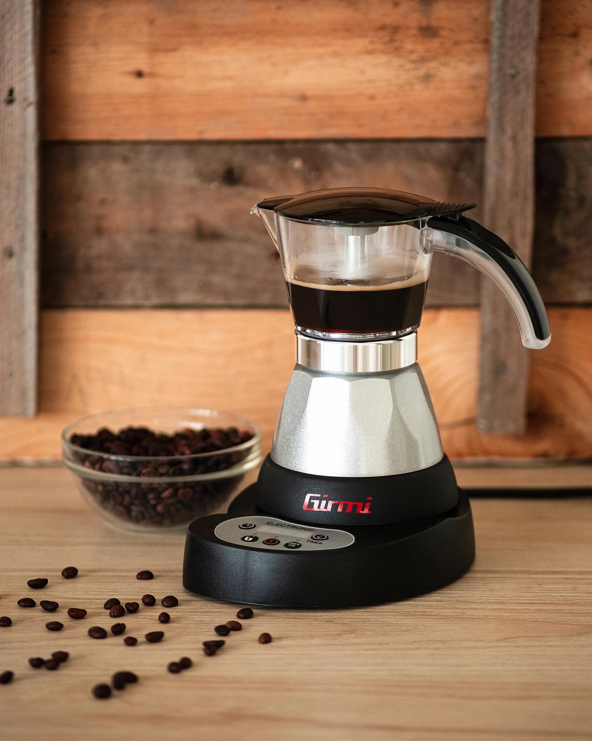 Girmi MC23 Moka elettrica Programmabile per caffè in polvere, da 1 a 3 tazze, 400W, Display LED, Timer, Mantenimento in caldo, Rotazione 360°, Nero/argento