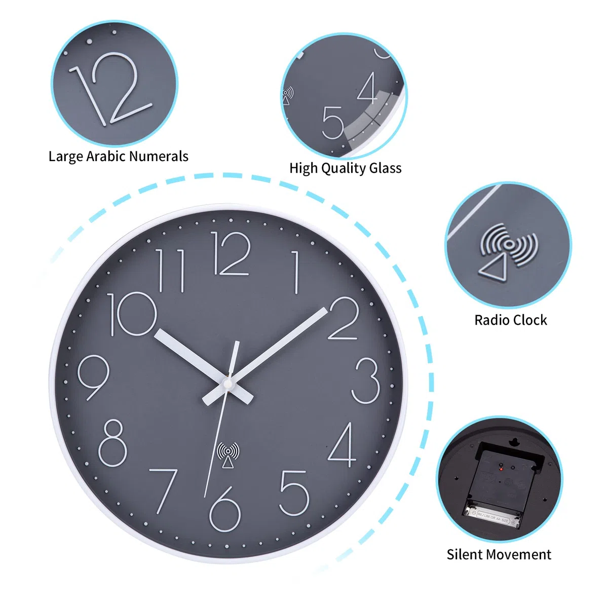 ACCSHINE Orologio da Parete Radiocontrollato 30cm Orologio da Parete Moderno Silenzioso Senza Ticchettio Semplice Classico Orologio al Quarzo per Camera da Letto, Scuola, Ufficio, Soggiorno, Cucina