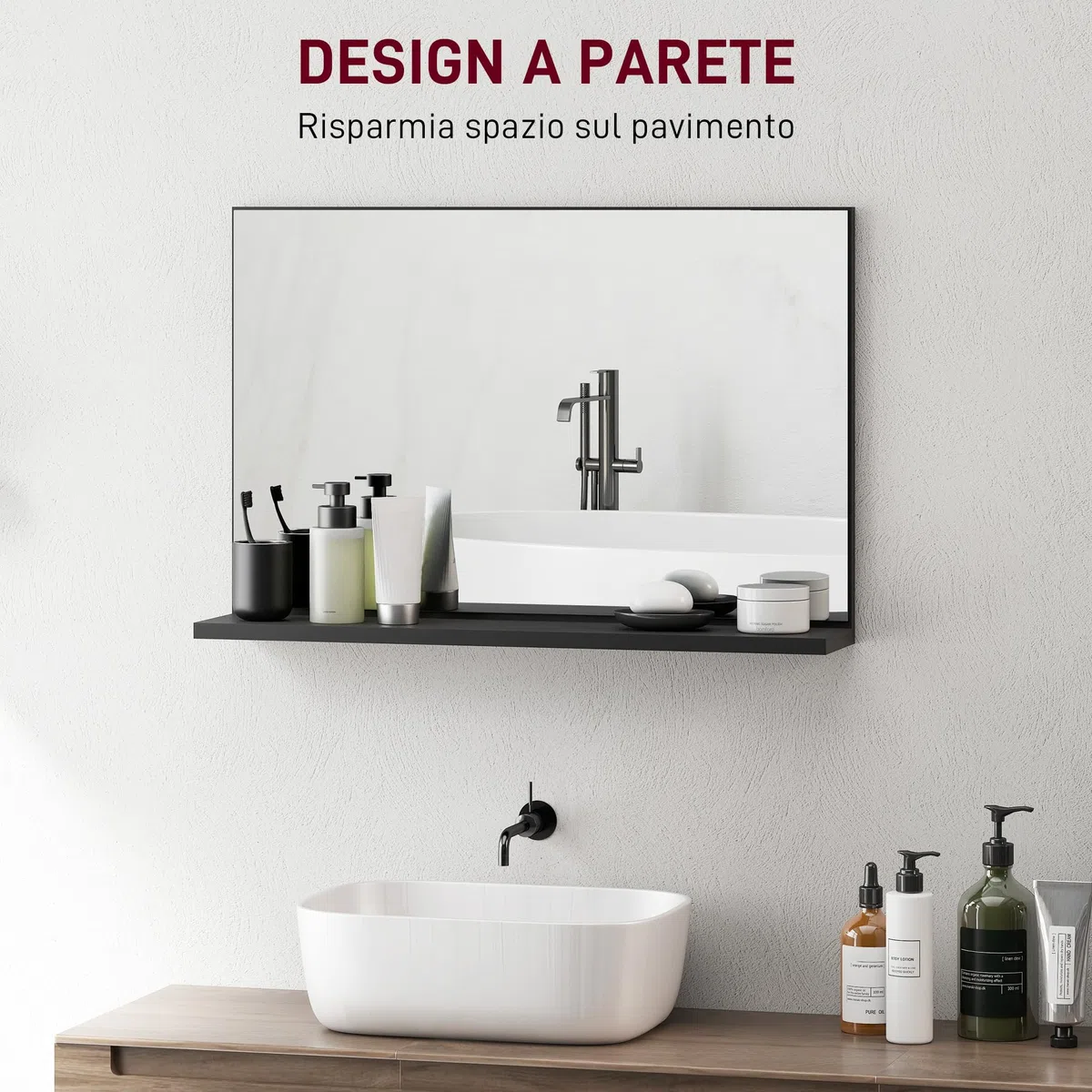 kleankin Specchio Bagno da Parete con Mensola, Specchiera Moderna Multiuso per Bagno, Camera e Ingresso, 60x12x40 cm, Nero