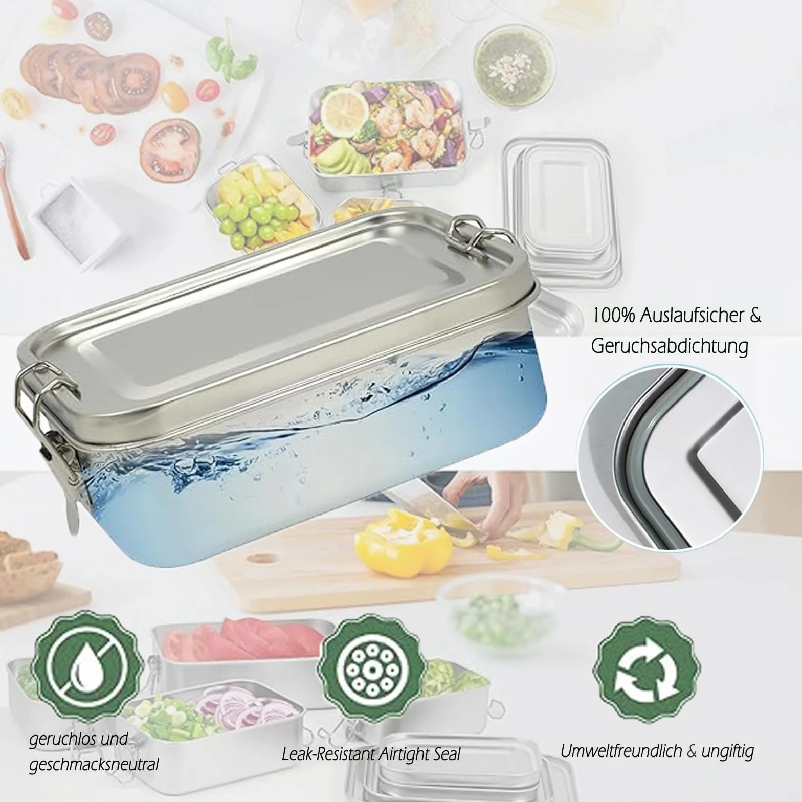 Confezione da 4 contenitori per alimenti in acciaio inox 304, per insalata e pasti residui, a prova di perdite, in acciaio inox grande (550 x 2/850/1400 ml)