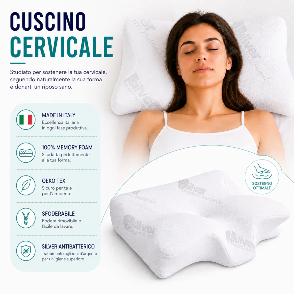 The Double Twenty Cuscino Cervicale per Dormire Ortopedico - Doppia Altezza 12,5/9cm Federa Lavabile in Silver Antibatterico - Cuscino Memory Foam Antirussamento a Farfalla - Made in Italy e Oeko Tex