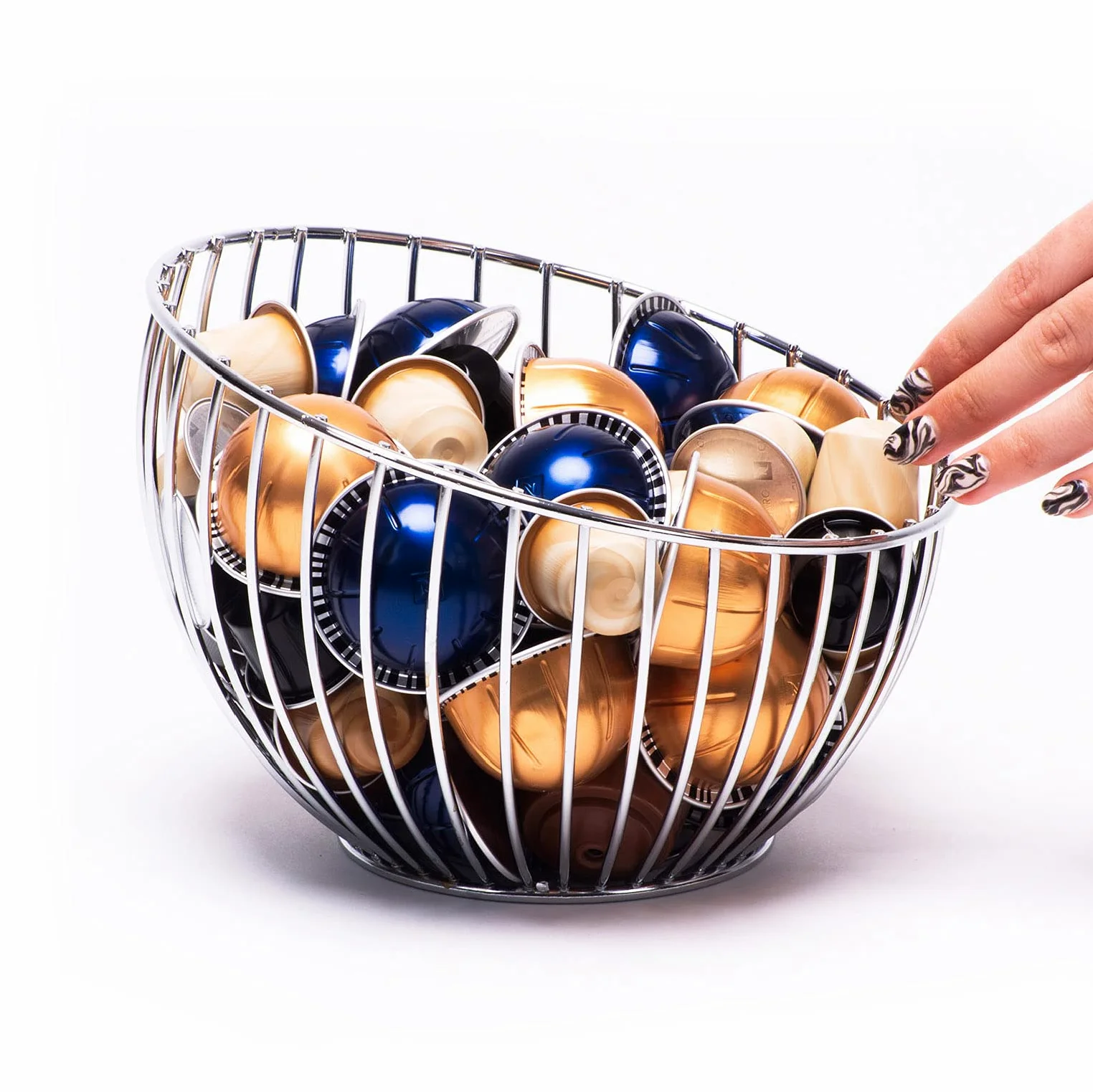 Ciotola grande porta capsule per caffè Nespresso, per macchinette Vertuo, Dolce Gusto e Tassimo Large Multi Pod Finitura cromata