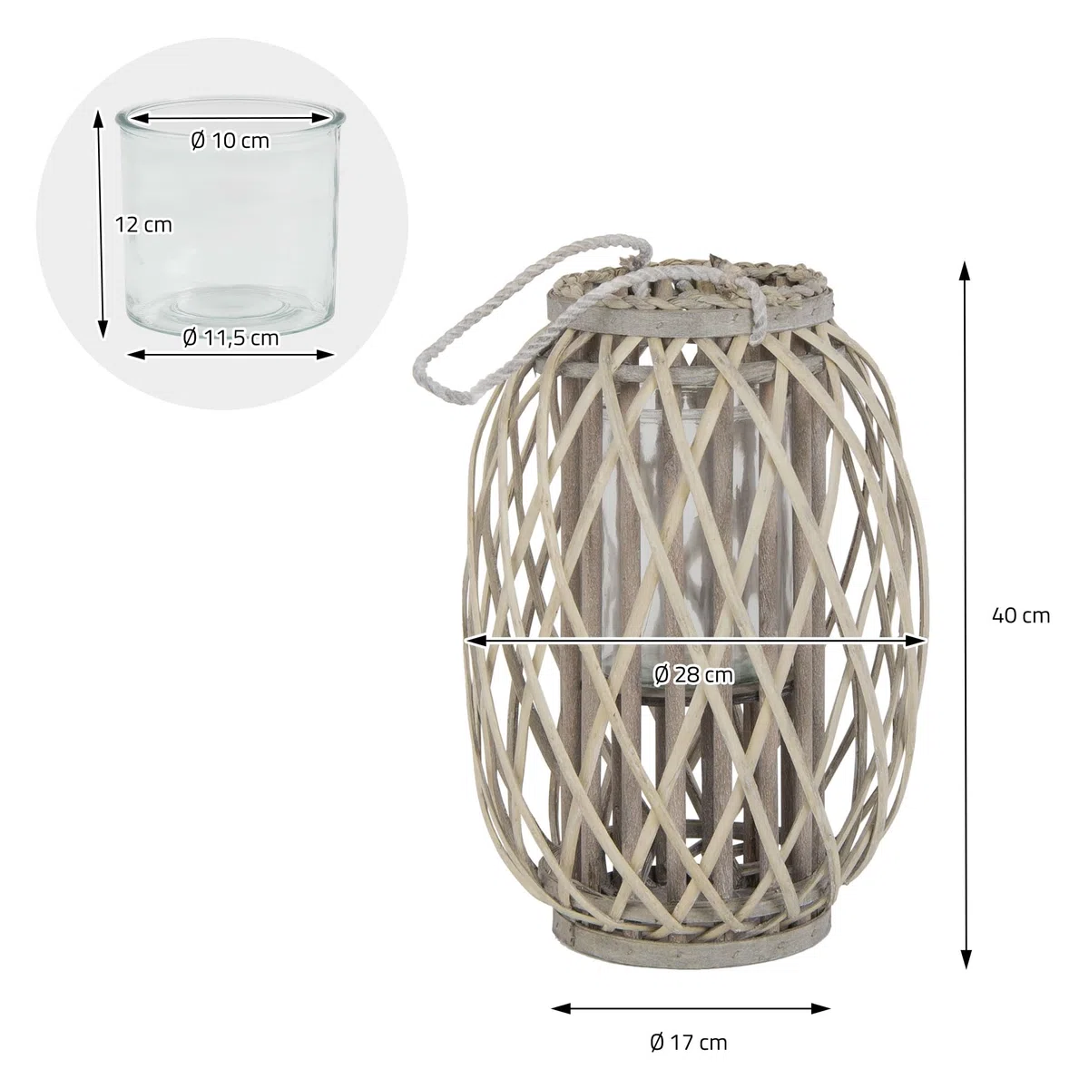 ECD Germany Lanterna Decorativa con Manico 40 x Ø 26 cm Legno Naturale Grigio/Marrone con Vimini Portacandele Rustica con Inserto in Vetro retrò da Giardino Terazza o Balcone per Interno o Esterno